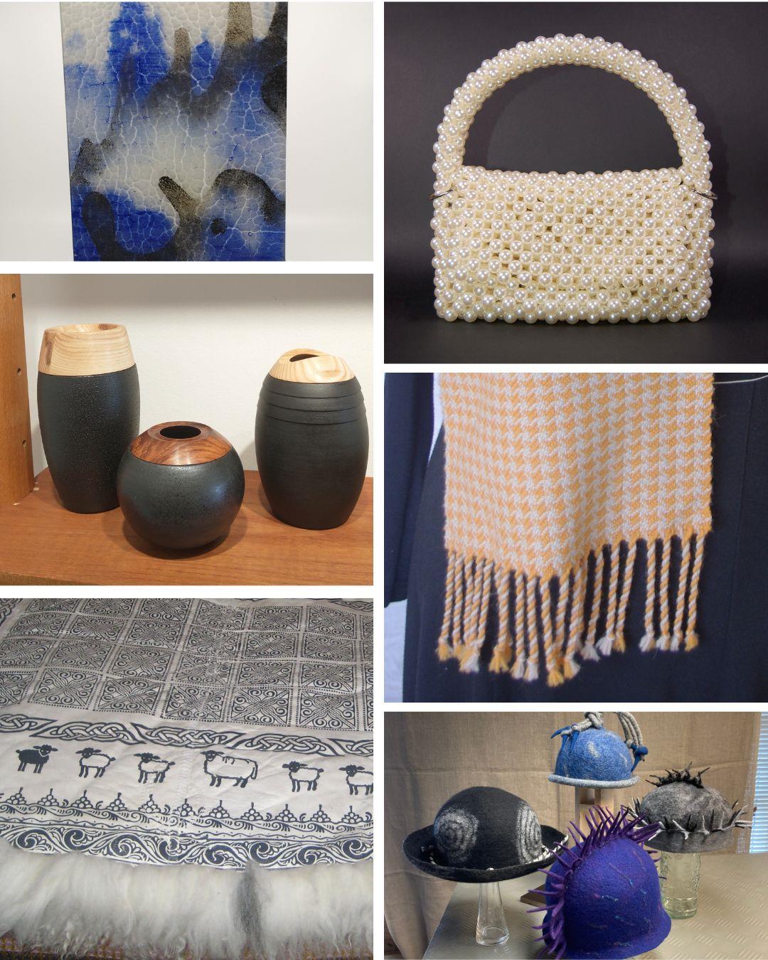 Samansett bilde viser like teknikkar iinan kunst og handver; keramikk, galsskunst, vev, filt, skinn, perler